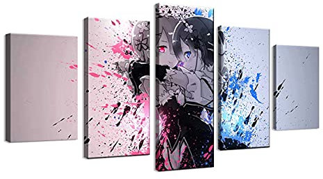 ZHONGYUTONG 5 Teilig Re Zero Rem Anime Poster mit Rahmen Anime Bild Leinwand Kunstdruck Mädchen Wandmalereien für Wohnzimmer Schlafzimmer Wohnkultur (150x80cm)