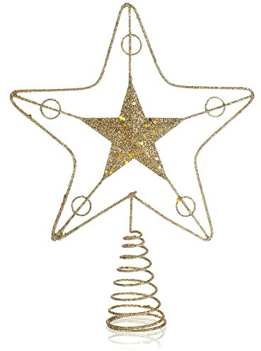 COM-FOUR® Deko Stern Weihnachten - Weihnachtsdekoration Stern aus Metall - Aufsteller Weihnachtsstern mit Glitzer und Paillette - Goldfarbene Weihnachtsbaumspitze (goldfarben/24cm)