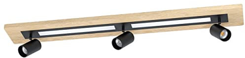 EGLO Deckenlampe Torrestralle, Deckenleuchte mit LED-Panel und 3 Spots, Wohnzimmerlampe aus schwarzem Metall und Holz-Furnier in Eiche-Optik, Lampe Decke Wohnzimmer, warmweiß, L 112 cm