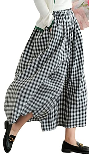 chouyatou Women's Cotton Linen Pants Elastic Waist Plaid Gingham Wide Leg Capri Palazzo Pants (Medium, Black)