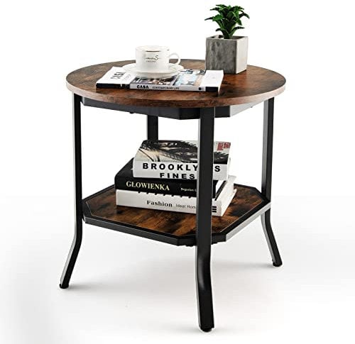 LIFEZEAL Beistelltisch, runder Couchtisch Kaffeetisch 2 Ebene, industriell Nachttisch mit Metallgestell, für Wohnzimmer, Schlafzimmer, braun