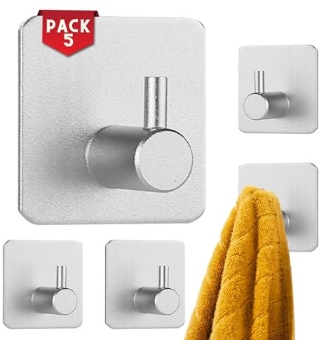 Ganchos Adhesivos para Pared 5 Piezas - Toallero baño sin taladro - Ganchos para Colgar de Acero Inoxidable, Soporte Toallas sin Taladro, Colgador para Baño o Cocina - perchero de pared (Plata)