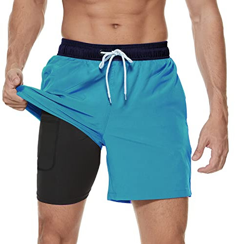 Arcweg Bañador para Hombre con Forro de Compresión 2 en 1 de Secado Rápido con Forro Corto Elástico para la Playa con Bolsillos con Cremallera Azul Marino+Azul L(EU)
