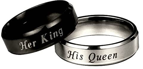 Homxi Freundschaftsringe Gravur,Edelstahlring Set Schwarz Silberring mit 6MM His Queen Her King Ring Paar Damen 54 (17.2) + Herren 57 (18.1)