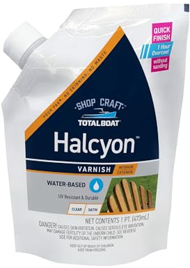 TotalBoat Halcyon Water-Based Marine Varnish | Fast-Drying Polyurethane Wood Finish for Boats, Outdoor Furniture, and Woodworking | Clear Satin, Pint