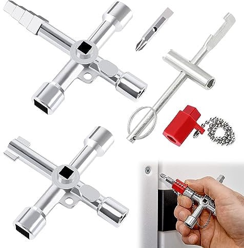 FENGCHUANG 3 Pcs Schaltschrankschlüssel, Multifunktion Schraubenschlüssel, Vierkantschlüssel Wasserhahn, Kreuzschlüssel, 4 Kant Schlüssel, für Heizkörper Aufzüge Wasser Stromzähler (Silber)