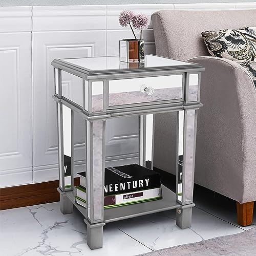 Artloge Table d'Appoint Bout de Canapé: Table de Chevet Miroir en Verre Meuble de Salon avec Rangement - Table de Nuit Design avec Tiroir pour Bureau Chambre 45x38x64cm