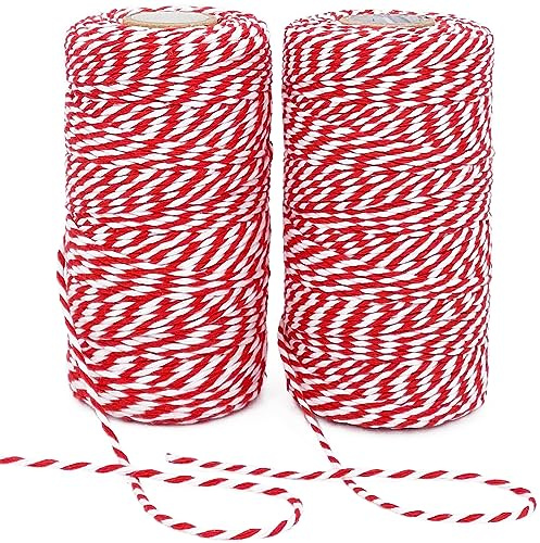 Leecogo Christmas Twine String, 2 Rolls 656 Feet Bakers Twine Cotton Twine String Natural Red White Butchers Twine String Cord for Gift Wrapping, Baking, Arts Crafts, Gardening,DIY,Home Decor
