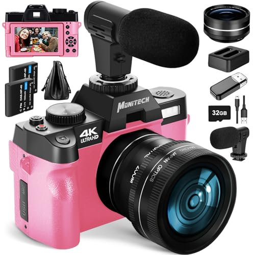 Mo nitech Digitalkamera für Fotografie und Video, 4K 48MP Vlogging Kamera für YouTube mit 180° Flip Screen, 16X Digitalzoom, 52mm Weitwinkel- & Makroobjektiv, 2 Batterien, 32GB TF Card(Pink)-PK