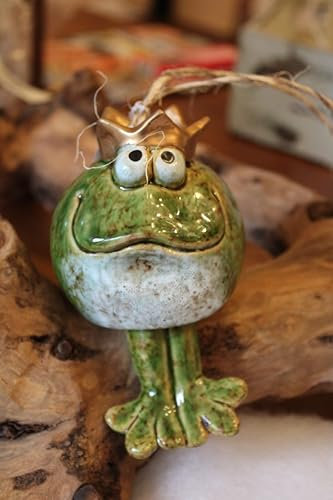 Holzwurm Froschglocke aus Keramik zum Hängen, H 14 cm, Froschkönig mit Hängebeinchen
