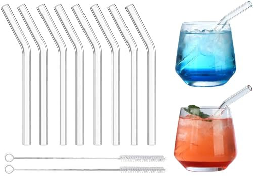 VITEVER Wiederverwendbar Glasstrohhalme, 6 in x 10 mm Kurze gebogene Klarglas-Cocktailstrohhalme für Whiskey, Kaffee, Soda, Wasser, Packung mit 8 mit Bürste
