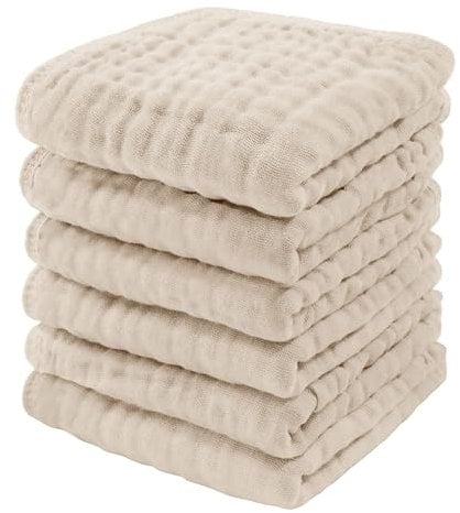Comfy Cubs Muslin Cloths for Baby Pack of 6 - Soft 6-Layer Cotton for Delicate Skin - 25 x 25 cm Large Size - Absorbent, Durable, Gentle Wash Cloth for Newborns and Toddlers - Sand