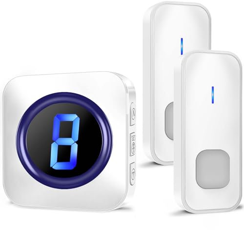 Wireless Doorbell, Waterproof Plug in Electric Door Bells Chime Kit at 1,300ft Long Range with 2 Cordless Battery Operated Buttons, 55 Melodies, 5 Volume Levels and LED Flash Number Display, White