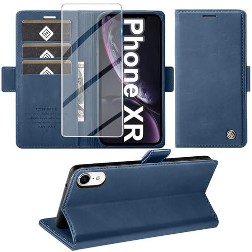 Giyer Handyhülle für iPhone XR Hülle mit Schutzfolie, Kartenfach Wallet Klapphülle Premium Leder Standfunktion Schutzhülle für iPhone XR Flip Case Cover Tasche (Blau)