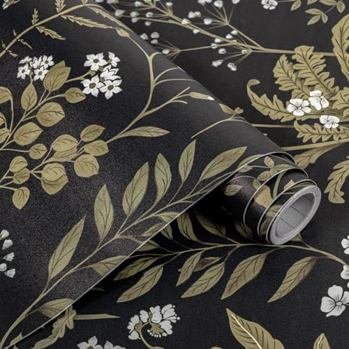 Alened Sticky Back Plastic Roll 44x300cm Black Floral Vintage Peel and Stick Wallpaper Self Adhesive Decorative Living Room Bedroom Vinyl Wrap Waterproof Furniture Stickers