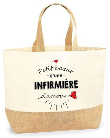 Planetee Sac Bazar Infirmière d'Amour | Cabas de Plage Courses Coton et Toile de Jute Idée Cadeau Femme