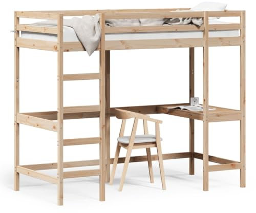 ShGaxin Hochbett mit Schreibtisch 90x200 cm Massivholz Kiefer, Bettgestell, Jugendbett, Schlafzimmer Bett, Bed Fram - 842850