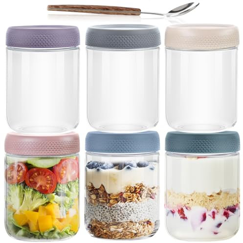 MR.KIANGCI 500ml Overnight Oats Gläser, 6 Pack Meal Prep Gläser mit Deckel und Löffel, Wide Mouth Gläser mit Deckel,Joghurtsnacks Obst, Salat Dressing, Sauce, Getreide-Leck Proof