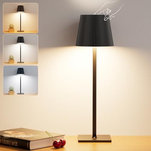 WOKWOYIO Lampada da Tavolo Senza Fili, Lampada da Comodino a 3 Temperature di Colore con Luce a Batteria Dimmerabile Lampada da Tavolo a LED Touch per Soggiorno Camera da Letto, Nero