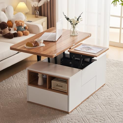 Merax Lift Up Coffee Table with 3 Drawers, Coffee Table with Storage Lift-Top, Extendable Sofa End Tea Tables for Home Living Room/Office, White & Oak, 100x51x47 cm