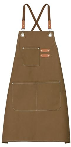 QUARKZMAN Delantales de Chef de Lona 75x69cm Correa Ajustable Cruzada para Cocina con 2 Bolsillos para Hombres Mujeres Chef, Marrón