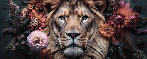 artissimo, Glasbild XXL, 125x50 cm Querformat, AG5601A, Vintage-Art: Löwe mit Blumen, Bild aus Glas groß, Wanddeko, Wandbild Wohnzimmer modern, Vintage Deko, Retro Tiere