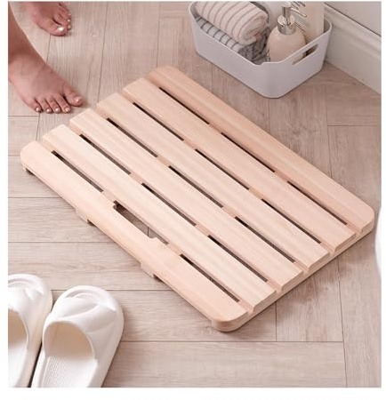 NonSlip Wooden Bath Mat Luxury Spa Bathtub Mat for Indoor/Outdoor Use Waterproof Wood Shower Mat Rectangular Cypress Wood Duck Board (W90xL90cm)