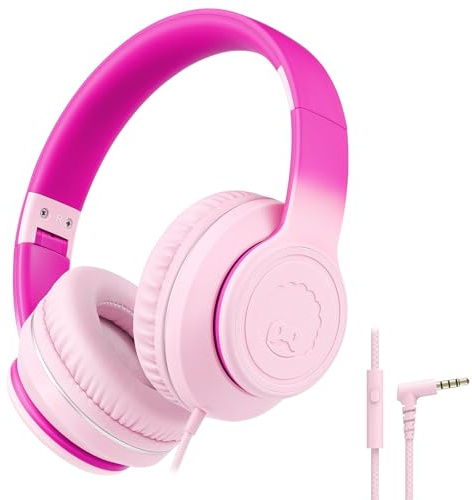 RockPapa L22 Auriculares para Niños, Cascos con Cable para Niñas y Niños, Auriculares con Microfono, Diadema Ajustable, Plegable, Auriculares con Cable para Phones/PC/TV/DVD/MP3 (Rosa Degradada)