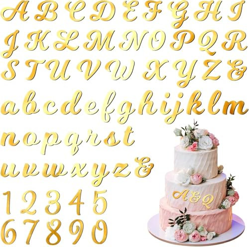 64 PCS Buchstaben Tortendeko Tortendeko Zahlen, Spiegel Zahlen 0-9 und A-Z Großbuchstaben Kleinbuchstaben, Acryl Personalisierte Kuchen Deko für Geburtstag Hochzeit Jubiläum Babyparty, Gold