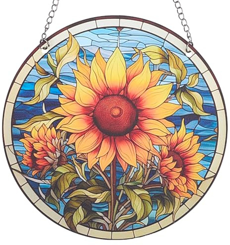 CREATCABIN Sonnenfänger Mit Sonnenblumenmotiv Fensterbehänge Aus Acrylglas Fensterbehänge Dekoration Gelbe Sonnenblume Dekoration Kunst Runder Sonnenfänger Aufhängen Gartendekoration Geschenk 15x15cm