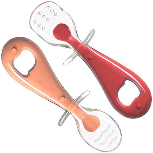 CROCOKID® Cuillère Bébé 1er Âge - Lot de 2 Cuillères d'Apprentissage Sensoriel, Silicone Ergonomique & Sans BPA | Cuillère Bébé Souple pour Apprentissage Autonome - Rouge & Saumon