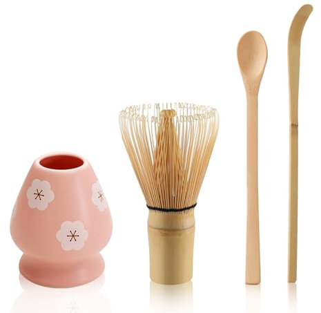 Ensemble de matcha avec balai à matcha, porte-fouet en céramique et pelle à matcha, outils de préparation du thé japonais (rose)