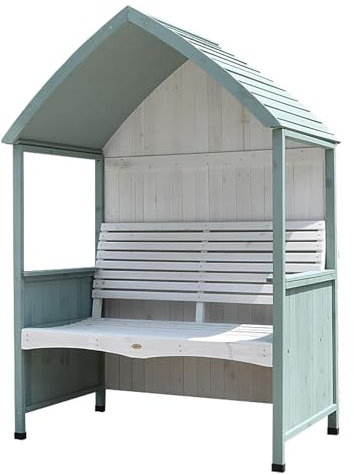 Panca ad arco da esterno in legno massello con tetto, sedia a doppio riposo per giardino, patio, veranda, cortile, padiglione, prato, balcone, parco