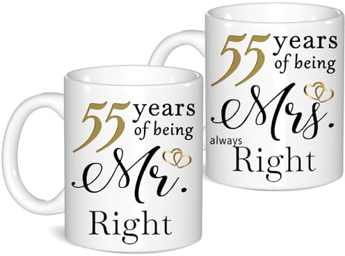 55 Year Anniversary Coffee Mugs Set of 2, 55th Anniversary Wedding Gifts for Wife Husband Parents Grandparents Men Women Him Her, 55 Year Valentines Engagement Couple Cups
