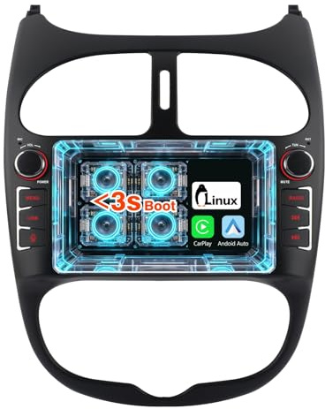 Autoradio Wireless CarPlay Android Auto pour Peugeot 206 206CC 206SW 2000-2016 Linux Radio AM/FM/RDS BT 5.0 avec Écran Tactile Bouton Physique,3s Démarrage, Plug and Play pour Citroen C2 (02-10)