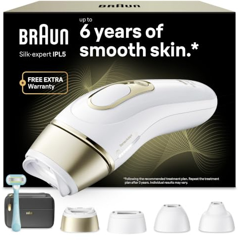 Braun IPL Geräte Haarentfernung Silk·expert Pro 5, PL5431, Weiß/Gold | Alternative Laser Haarentfernung für Zuhause, Dauerhafte Haarentfernung, Inkl. Etui, Mini-Rasierer, Gillette Venus, 4 Extras