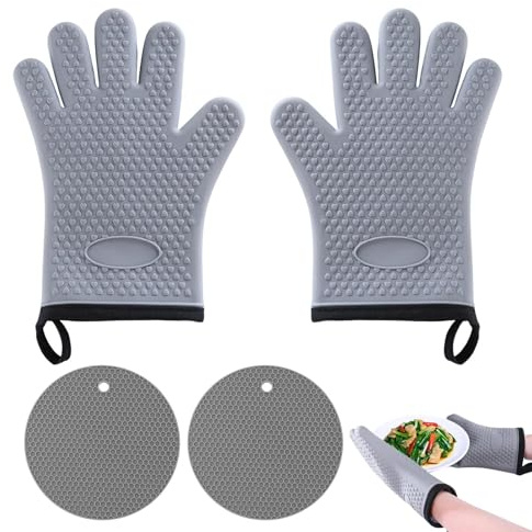 Silicone Oven Gloves Pair with 2 Non-Slip Pads, Heat Resistant to 500°F | Waterproof Kitchen Gloves for Baking, Cooking & Grilling, Non-Slip 5-Finger Design for Secure Grip, Perfect for Adults (Grey)