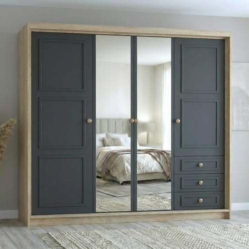 A&J MöbelLand Oslo Kleiderschrank 4-türig mit 3 Schubladen – 200 x 215 cm – Drehtürenschrank mit Kleiderstange und Einlegeböden, Modernes Design mit Metallgriffen
