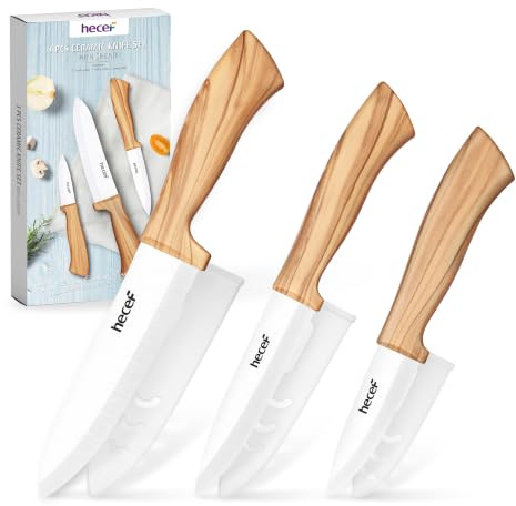 hecef 3 Piece Ceramic Knife Set, Olive Wood Grain | With Covers, Ultra Sharp Chef, Utility & Paring Knives, Ergonomic Non-Slip Handles, For Fruit, Vegetables & Everyday Cooking