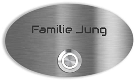Jung Edelstahl Design Edelstahl Türklingel Rom Haustürklingel mit Gravur 14x8 cm Klingelschild oval mit LED Taster (Weiß) Klingelplatte individuell personalisierbar