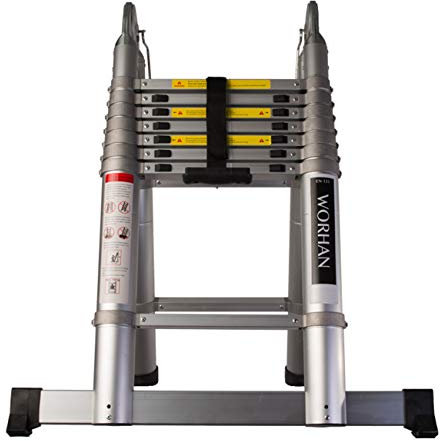 WORHAN® Echelle 5m Télescopique Aluminium Anodisé Modulable Pliable Polyvalente Escabeau Solide avec des Anneaux en Aluminium AK5