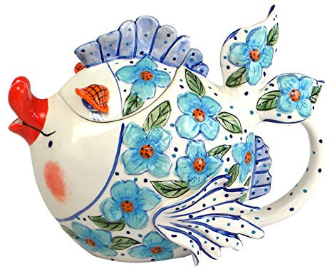 Blue Sky Ceramic Blue Flower Fish Teapot, Blue/White, 9.5 x 6 x 7-Inch