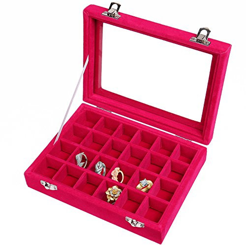Meshela 24 Fächer Damen Schmuckkasten Schmuck Box Schmuckkoffer Schmuckständer Aufbewahrungsbox für Ringe Ohrringe Halskette (Rosa)
