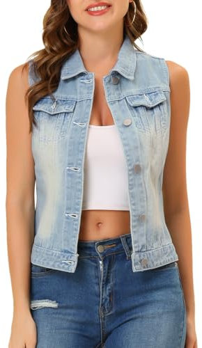 Allegra K Damen Jeansweste Ärmellos Knopfleiste Sommer Denim Revers Jacke Westen mit Taschen Himmelblau XL