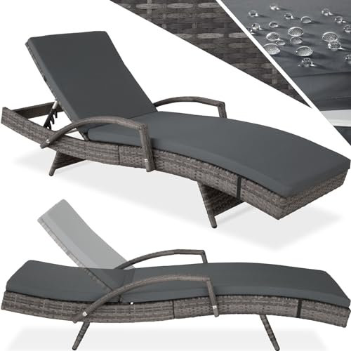 tectake® Polyrattan Sonnenliege, Gartenliege mit 5-Fach Verstellbarer Rückenlehne, wetterfest, Outdoor Relaxliege mit weicher Polsterauflage, Rattanliege für Garten, Balkon und Terrasse - grau