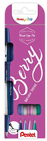 Pentel SES15B-4 Brush Sign Pen Berry Colors Set, Faserschreiber, pinselähnliche Spitze, 4 Stück, farblich sortiert, nachtblau, blauviolett, pinklila, türkis