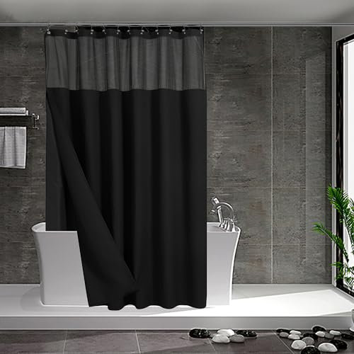N&Y HOME Tenda da doccia a nido d'ape con fodera in tessuto a scatto e set di ganci, stile hotel, idrorepellente e lavabile, finestra superiore in rete, 180 x 183 cm, nera