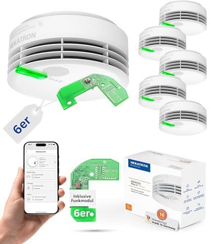 Hekatron Genius Plus X – Rauchmelder vernetzt 10 Jahre Batterie – mit Funkmodul Basis X – Testsieger Stiftung Warentest – made in Germany – Funkrauchmelder Set – mehrsprachig – 6 Stück