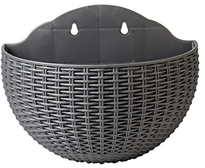 Creative Imitation Rattan Wall Hanging Semicircle Flower Pot, Outdoor Wall Hanging Planter Plastic Flower Pot for Balcony Fence Wall Mounted Planters with Drainage and 2 Hooks, Without Drilling (B)
