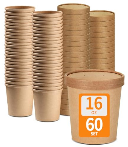 Celel 60 Pack 16 oz Paper Soup Containers with Lids, Microwavable & Leak Proof 16 oz Paper Soup Cups with Lids for Hot/Cold Use (60 Cups 60 Lids)